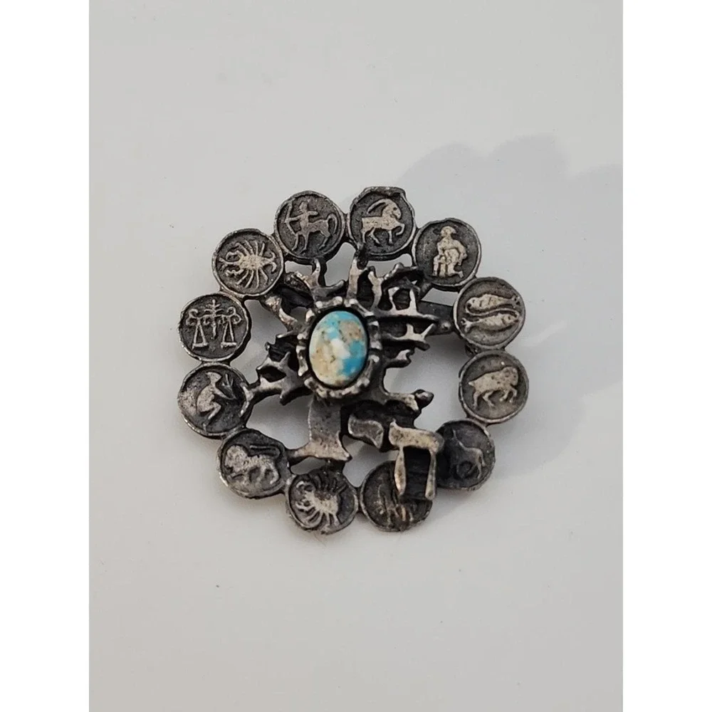 Vintage silver tone Western Astrology Zodiac Tree‎ of Life Chai brooch pin